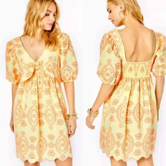 Lilly Pulitzer Sarafina Gingham Seersucker Dress Calla Yellow Pink 6 Cottagecore - Picture 1 of 10